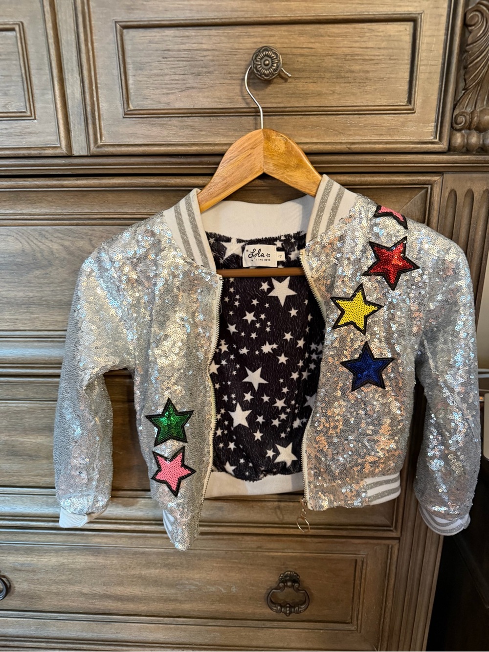 Lola + The Boys Silver Sequin Jacket with Multicolor Star Appliqués